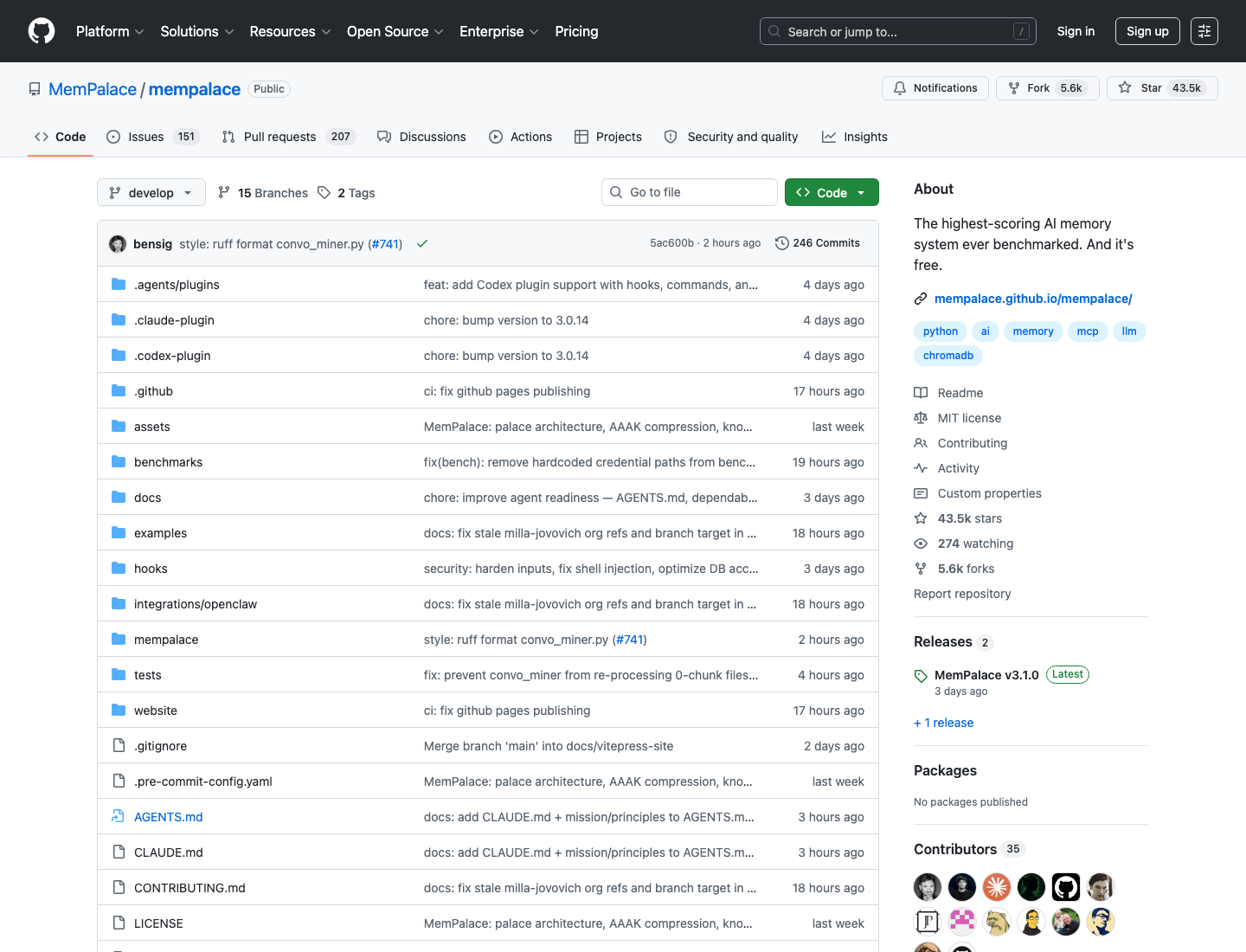 Screenshot of the MemPalace GitHub repository.